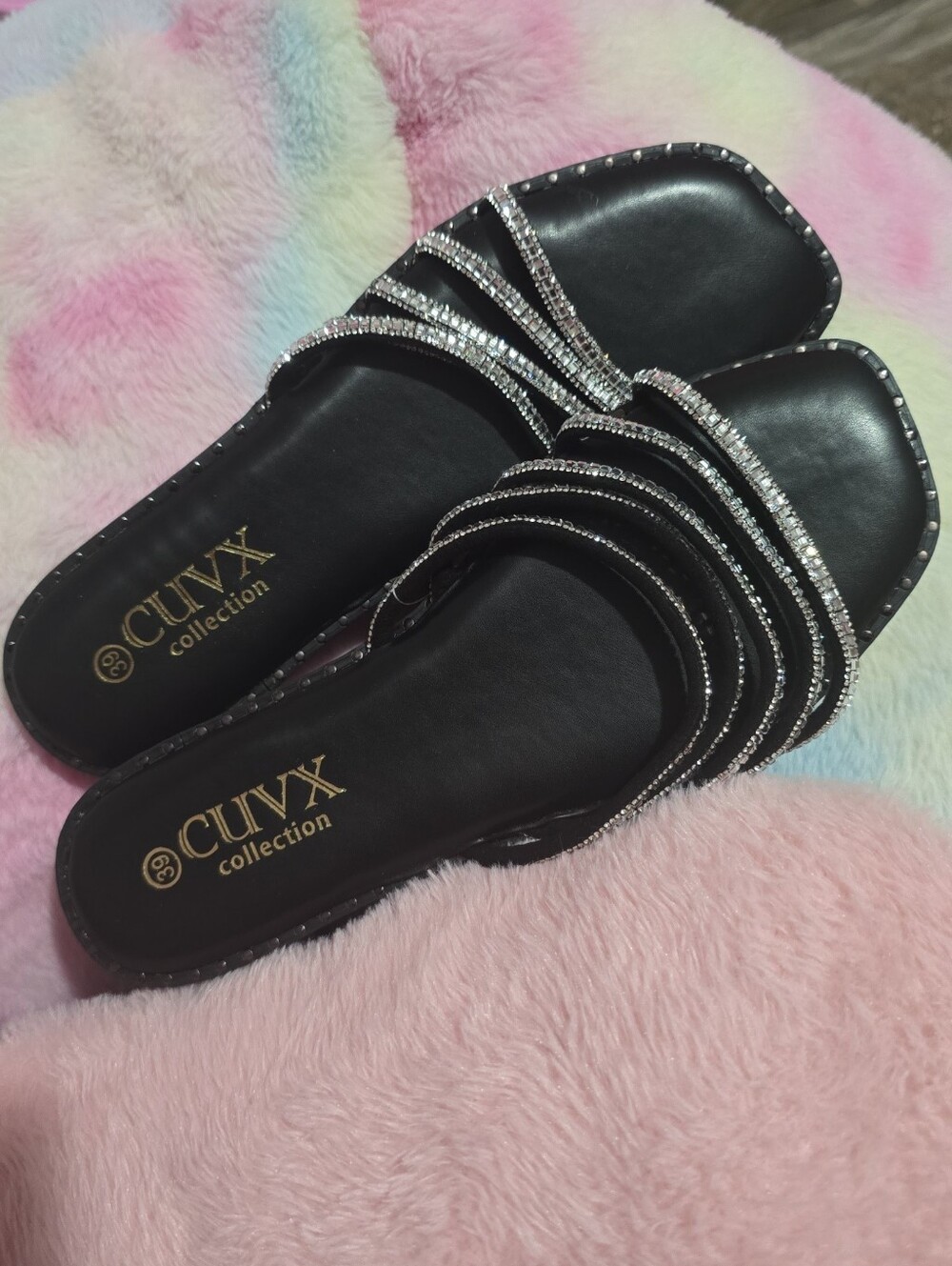 Women's Black Rhinestone Slide Sandals